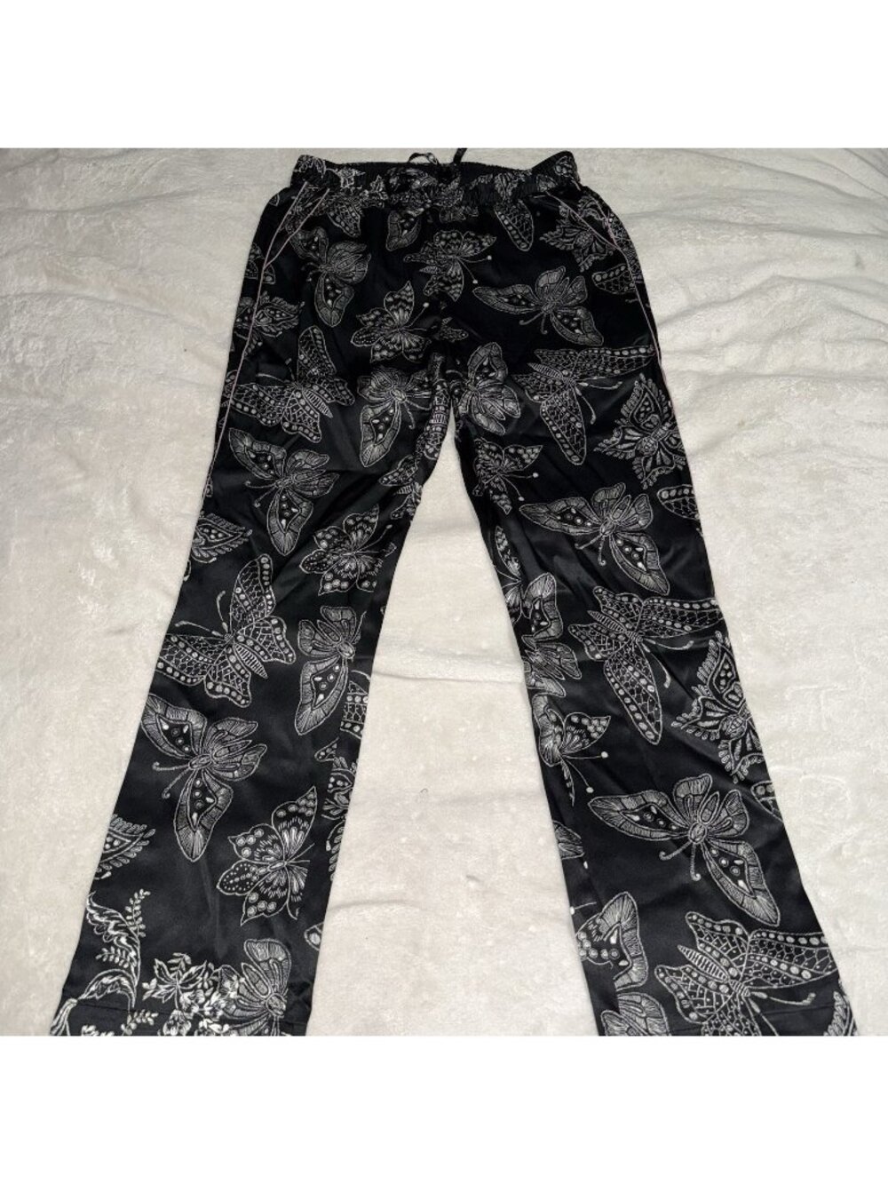 Johnny Was Womens S Black Butterfly Print Satin Pants Wide Leg Drawstring